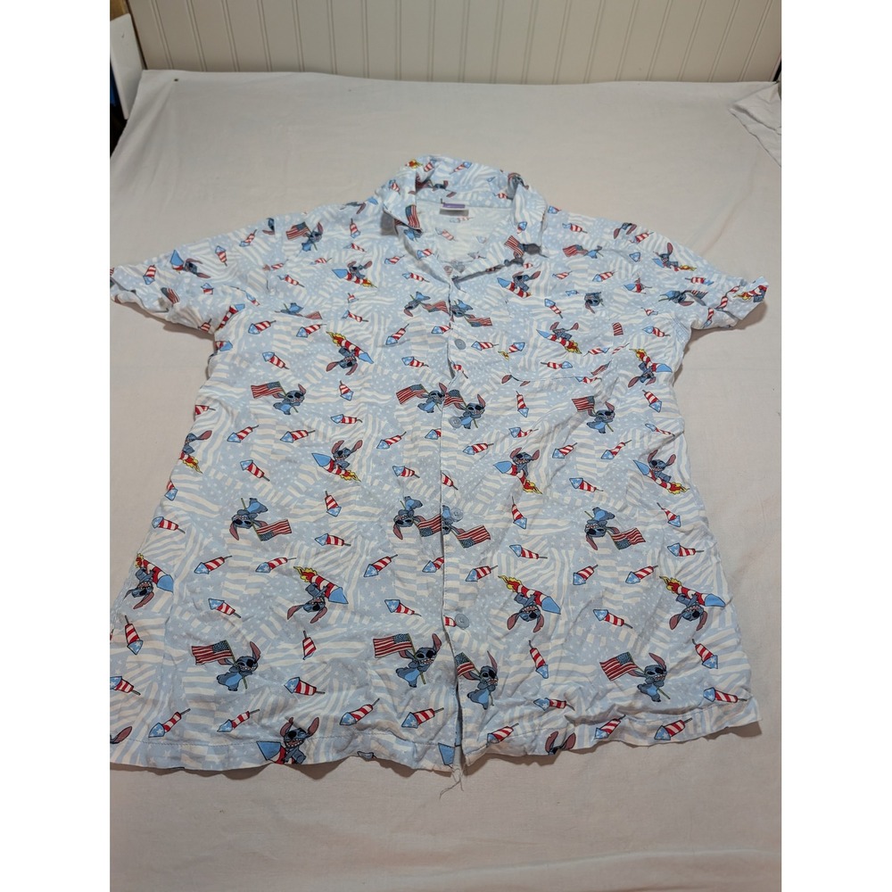 Disney Stitch Americana Patriotic Button Up Shirt XL Blue Rayon Fireworks Flag